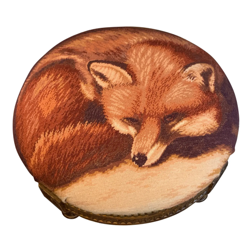 DARLING VINTAGE FRENCH ROUND FOOTSTOOL WOOL NEEDLEPOINT FOX, SO CUTE!!!