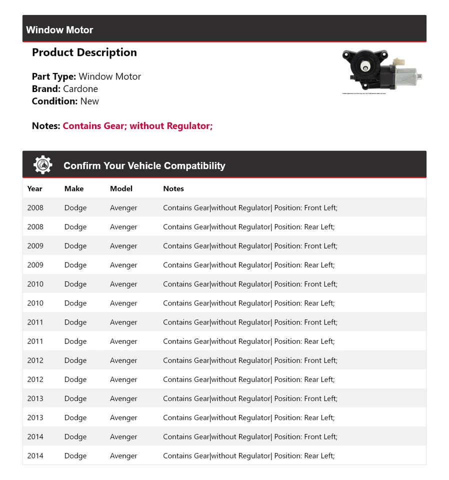 Para Dodge Avenger 2008-2014 Ventana Motor Cardone 2009 2010 2011 2012 2013 Foto 2 de 4