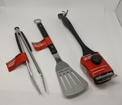 Brinkmann Grill Brush and Scraper Hardwood Handle Spatula Locking Tongs Combo
