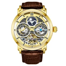 Stuhrling Men's Dual Time AM/PM Sun Moon Phase Automatic Skeleton Leather Watch