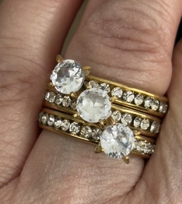 VTG 1980s Inspired Womens Channel Set CZs 3Ring SZ 8 Stainless Steel Gold Finish