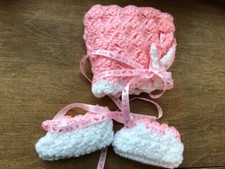 Hand Knitted Baby Girls Hat and Booties Set Pink  White 0 - 3m