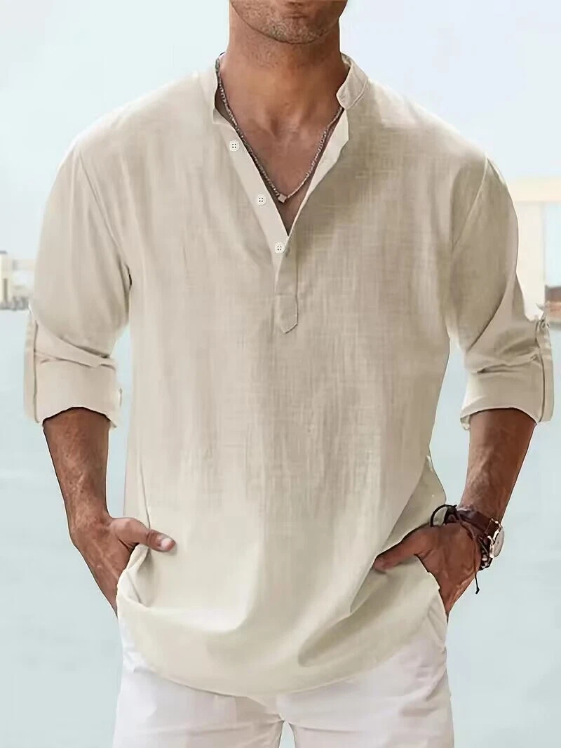 Casual All-match Men's Solid Long Sleeve Shirt With Button & Boat Neck - Picture 1 of 3