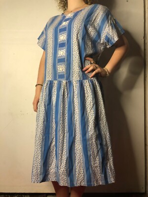 Vintage 1980s Handmade Blue white striped Cotton Smock Dress AU 16 | eBay