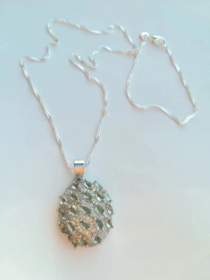 COLLANA VERA AMETISTA VERDE PRASIOLITE NATURALE E PAVE DI TOPAZI SU ARGENTO 925 - Immagine 2 di 4