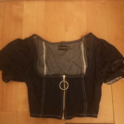Pretty Little Thing Maya Jama Puff Sleeve Denim Crop Top Bnwt