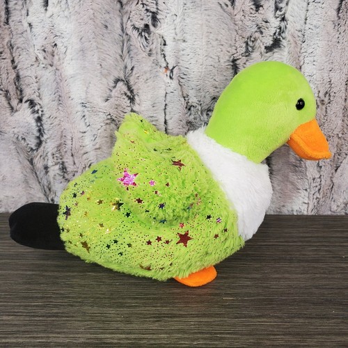 Neon Green Plush Duck With Rainbow Metallic Glitter Stars 8" Stuffed Animal