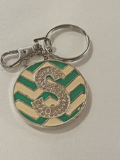 Keychain Key Ring Letter S Green and White Enameled Silver Tone Rhinestone
