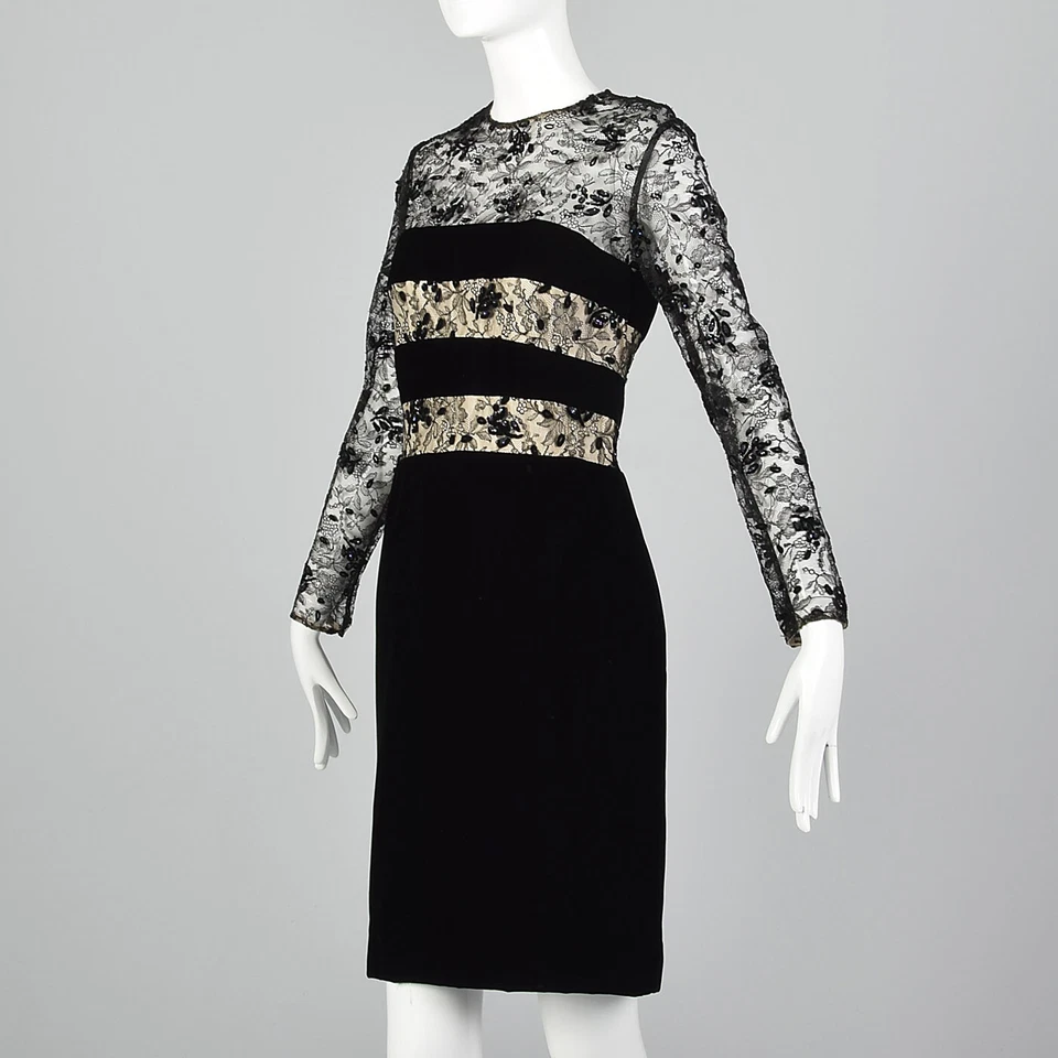 Vestido Victor Costa Negro Terciopelo Años 80 Encaje Ilusión Corpiño Cóctel Fiesta Años 80 Foto 3 de 4