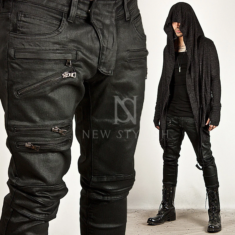 New NS Mens Casual Pants Wear Skinny TRIPLE ZIPPER COATED BLACK SLIM BIKER  JEANS