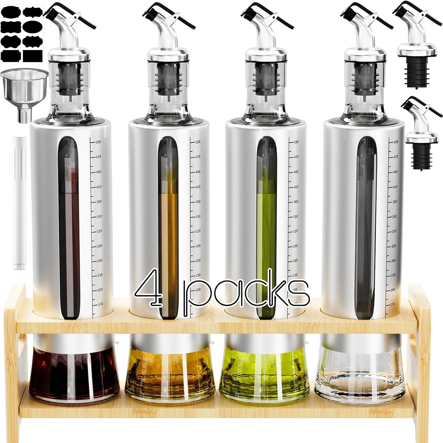 Botella dispensadora aceite 4 pzs vidrio 17oz/500 ml estante acero vertedor