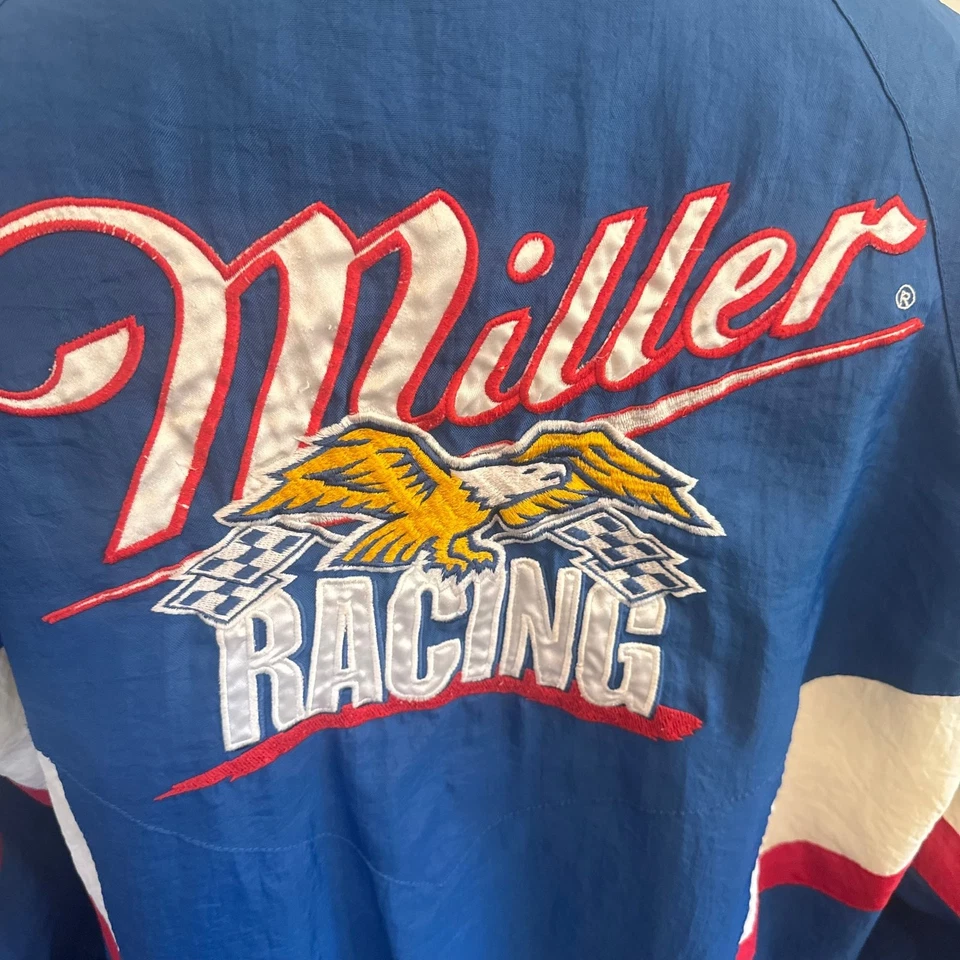 Chaqueta de Carreras NASCAR Vintage Rusty Wallace Miller Azul, Blanco, Rojo Grande Foto 3 de 4