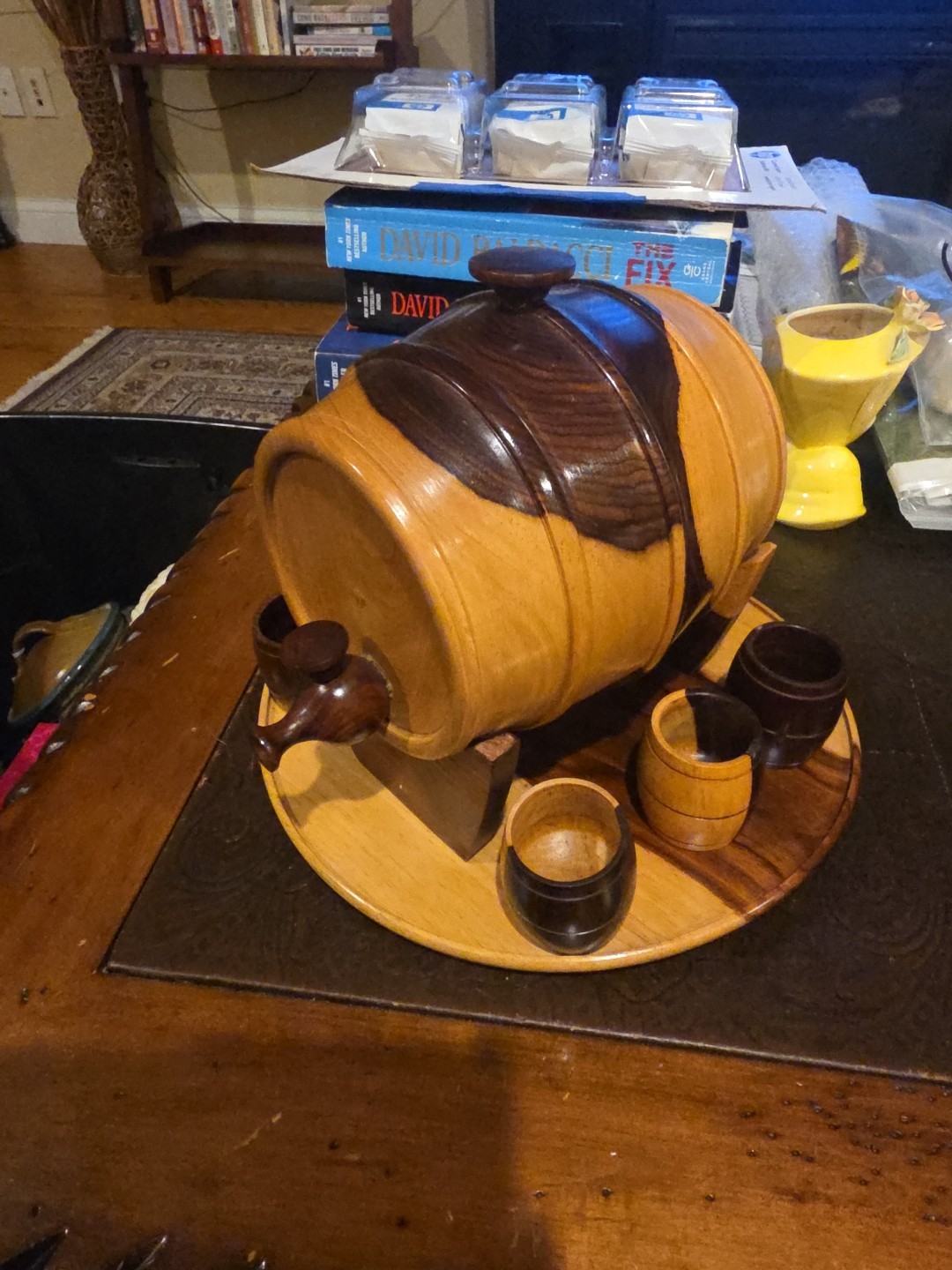 Vintage Miniature Wooden Wine Whiskey Cask Keg Barrel w/ Stand, 6 Cups, Platter