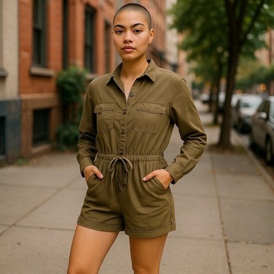 Aeri Minimalist Olive Green Utility Romper Cotton Small