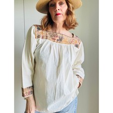 Vintage 70s Peasant Blouse Boho Hand Embroidered Cotton Folk Festival Shirt SZ M