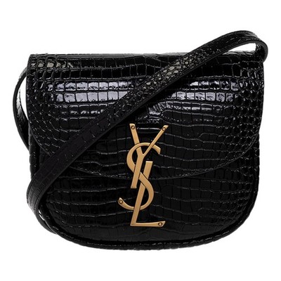 Saint Laurent Kaia Croc Embossed Leather Small Crossbody Bag Black NEW