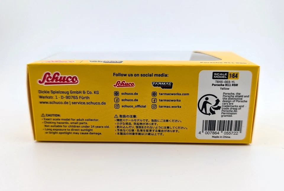 TARMAC WORKS x SCHUCO PORSCHE 911 RSR Amarillo 1/64 Diecast Coche Modelo Juguete Foto 3 de 3