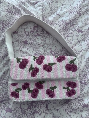 Pink & White Striped Beaded Small Shoulder Bag Floral Cherry Design Snap Lined