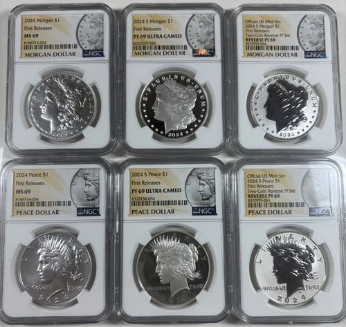 2024 MORGAN PEACE SILVER DOLLARS 6-COIN SET W NGC REV PRF/PRF/UNC PF69/PF69/MS69