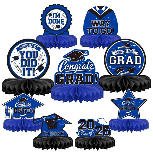 9PCS Graduation Party Decorations Class of 2025 - Blue & Black Honeycomb Toppers