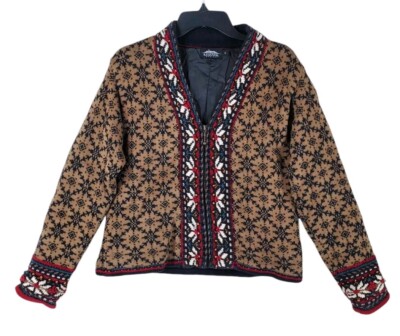 Vtg Icelandic Design Sweater Jacket Womens S Nordic Brown Multicolor Lined