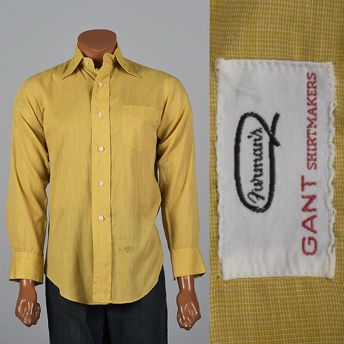 XXL 1960s Mens Long Sleeve Button Up Shirt Patch Pocket Yellow VTG Button Cuffs