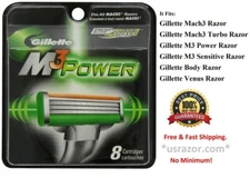 8 Gillette MACH3 M3 Power Razors Blades Cartridges Refills Shaver USA Authentic
