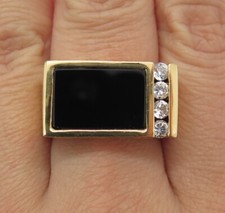 925 Sterling Silver Gold Plated Real Black Onyx Gemstone  C Z Ring Size 8