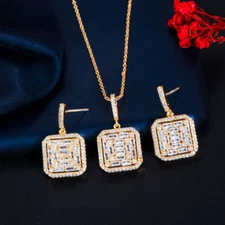 Chic 18k Gold CZ Square Drop Dangle Earring Pendant Necklace Set Bridal Jewelry
