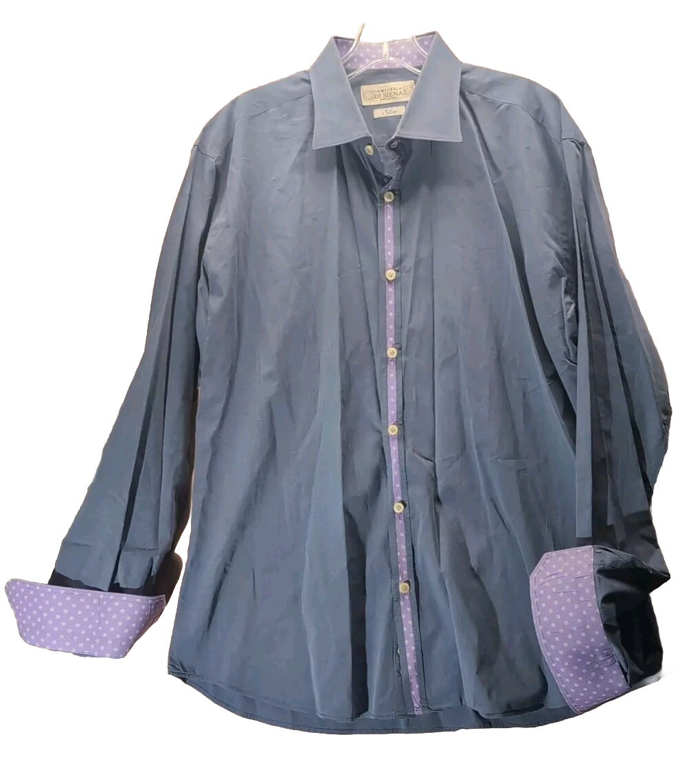 LS Button Up Shirt Slim CAMICERIA DI SIENA Flip Cuff Blue Purple  Italian