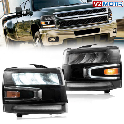 For 2007-2013 Chevy Silverado 1500 Black Full LED Headlights w/Sequential Signal