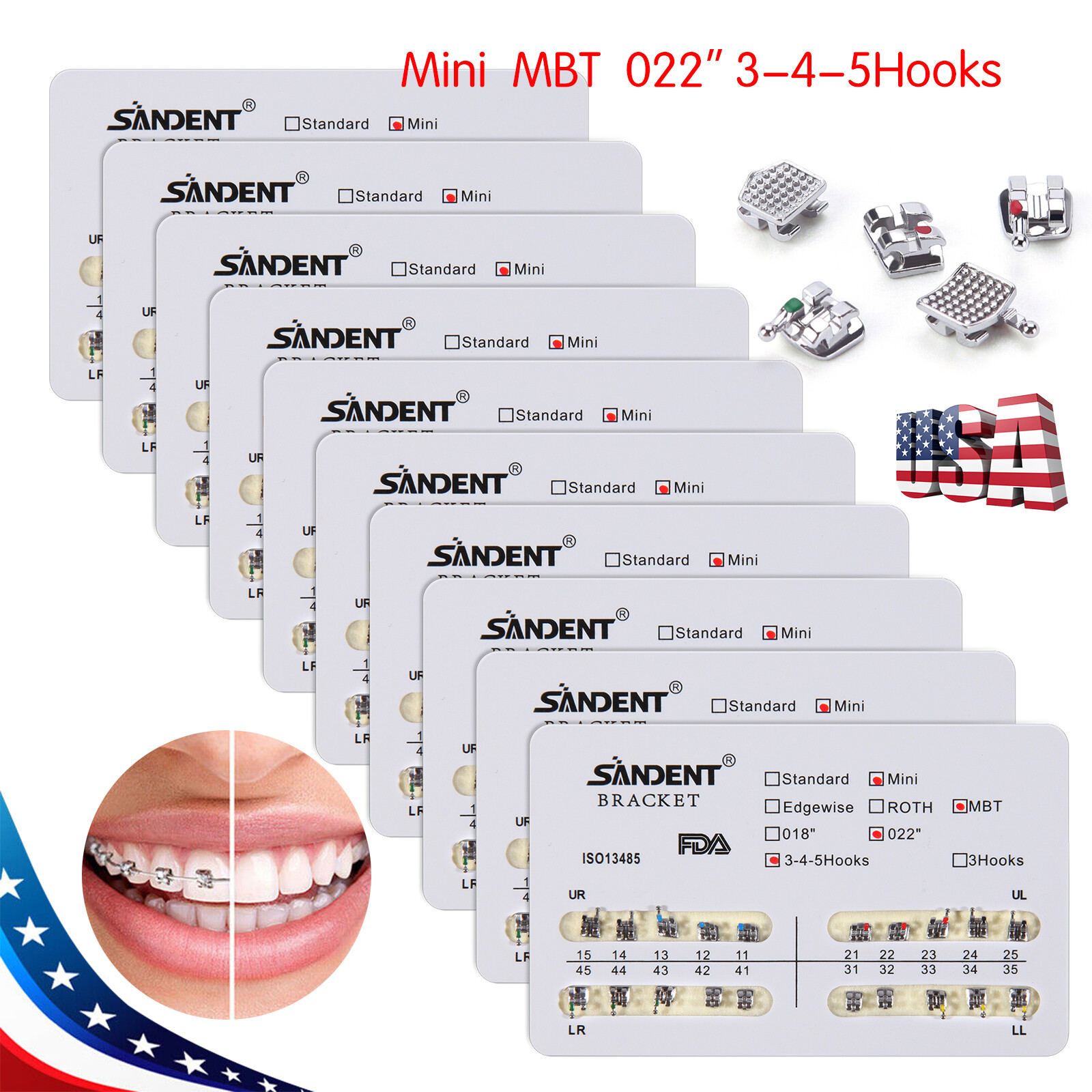 SANDENT Dental Ortho Metal Brackets Mini/Standard Roth/MBT 022 Hooks 3/3-4-5 ns