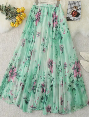 Eleganter Blumen-Maxirock in Grün mit Rosa und Lila Blumen - A-Linie,  Polyester