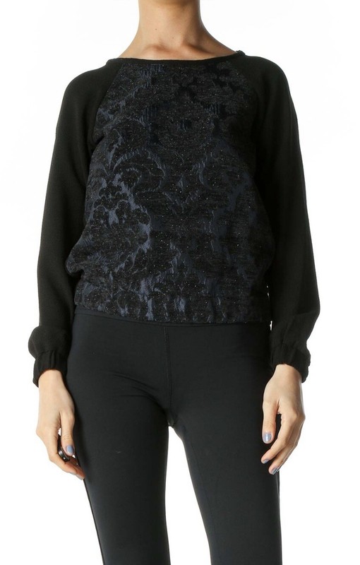LOFT Ann Taylor Floral Printed Long Sleeve Knit Top Black Navy Small Petite