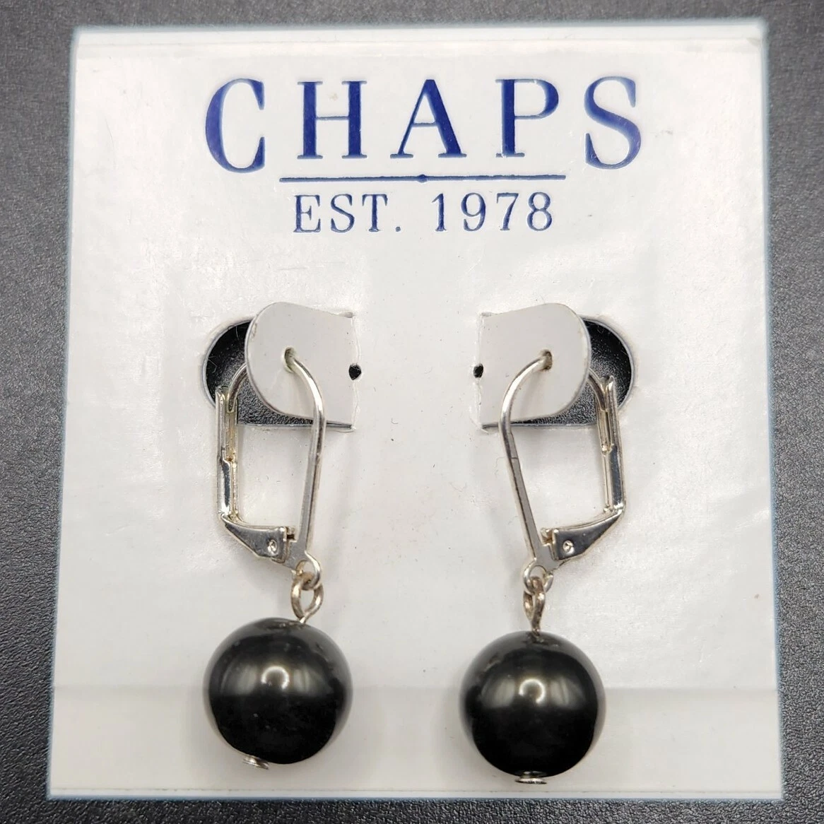 Chaps Faux BLACK Pearl Earrings Dangling Pierced Silver Tone NEW