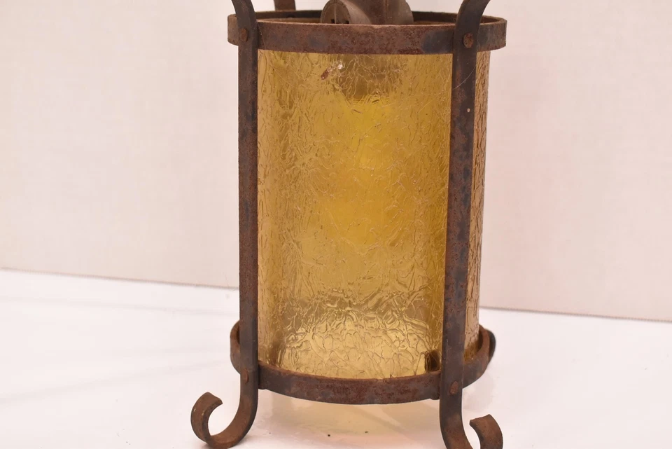 ATQ ART DECO SPANISH VTG Amber Crackle GLASS SHADE PENDANT CEILING LIGHT FIXTURE - Image 3 of 4