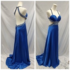 Mori Lee Madeline Gardner Formal Dress Gown Blue Satin Cut Out Sides Beaded Sz 4