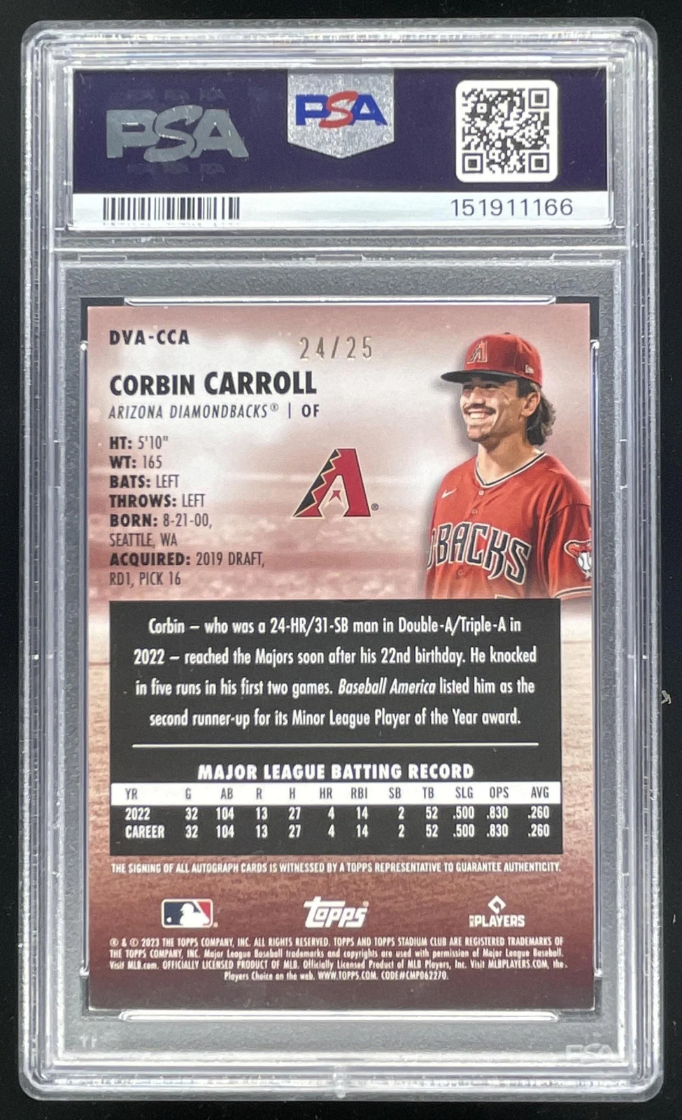 2023 Topps Stadium Club 1991 Design Variation Corbin Carroll RC Auto /25 PSA 7 view 2