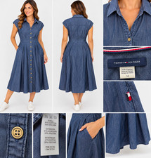 Tommy Hilfiger Women’s Chambray Denim Fit Flare Midi Shirt Dress Blue Size 14