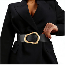 Women Wide Elastic Waist Belt for Dresses Fashion Big Gold Buckle Stretchy Leath