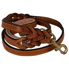 Brown Hand Braided Full Grain Leather Dog Leash Dual Handle 6ft D Ring
