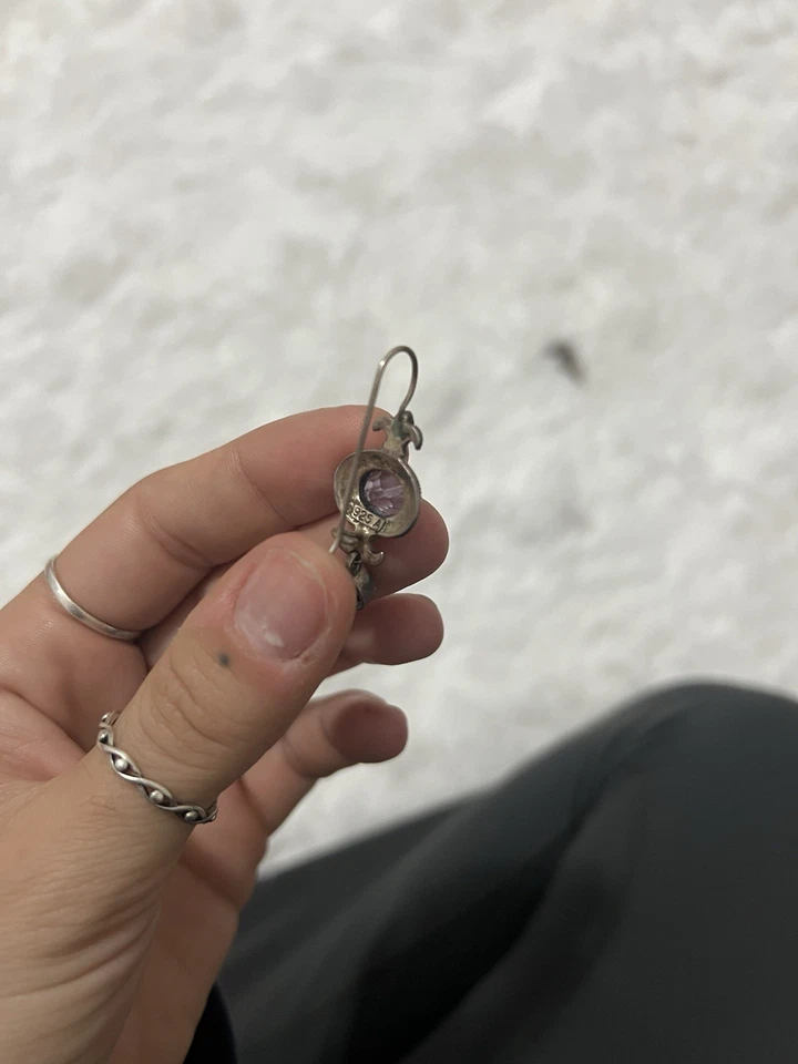 Vintage Purple Amethyst Gemstone 925 Sterling Silver Dangling Earrings Gothic - Image 4 of 4