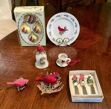 Lot of Christmas Krebs Cardinal Glass Ornaments, Merck Family, Bell, Spreaders +