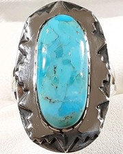 925 STERLING SILVER SOUTHWEST STYLE ETCHED DESIGN TURQUOISE SIZE 8 RING 6.8g