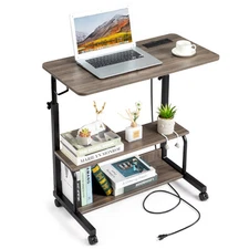 USB Power Adjustable Height Laptop Desk Rolling Bedside Table Computer Over Bed