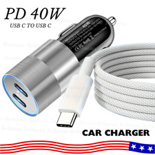 USB C To USB C 40W Fast Charger Car Adapter PD Braided Cord For iPhone 15 16 Pro