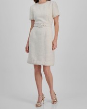 Tahari Women's Ivory Belted Tweed Short-Sleeve Sheath Dress Petite Size 12P