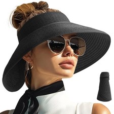 Sun Hats For Women Straw Beach Packable Foldable Wide Brim Ponytail Visor