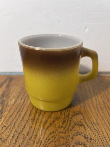 Vtg Fire King Anchor Hocking Stackable Coffee Mug Yellow Brown Ombre Milk Glass