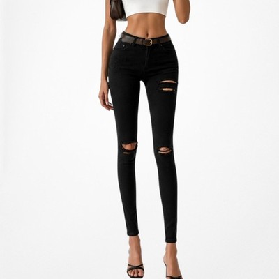 Black High Waisted Distressed Destroyed Ripped Knees Skinny Denim Jeans Size XS